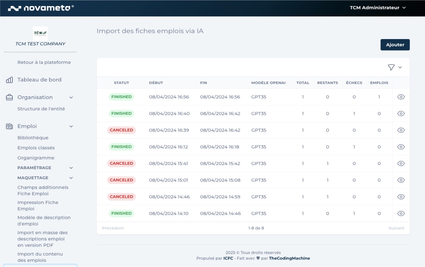 Interface utilisateur du module IA de ICFC, illustrant l’import et la génération automatique de fiches emploi.
