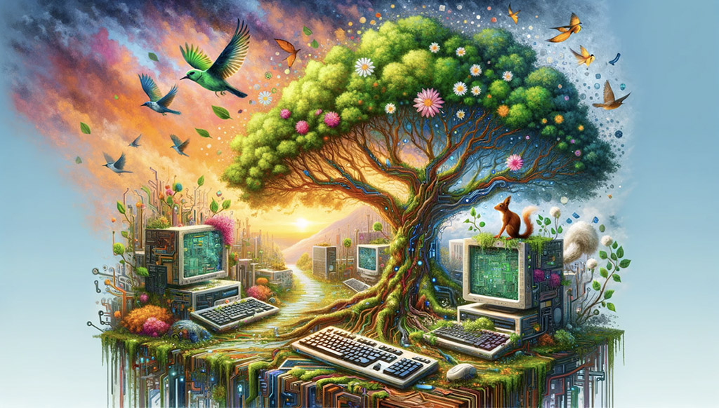Illustration du numérique responsable représentant des ordinateurs au milieu de la nature. Image générée par l'IA.