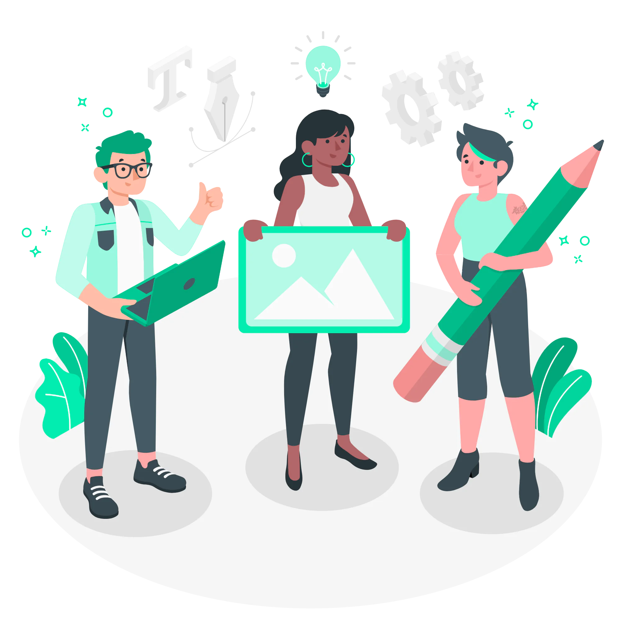 Équipe de conception présentant nos services : image, texte, engrenages et stylo.