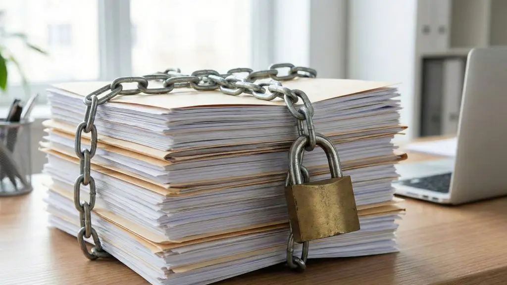 Pile de documents sécurisés par une chaîne et un cadenas sur un bureau. Projet web protégé.