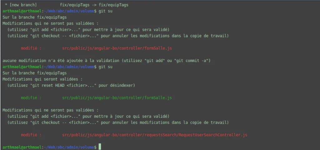 Capture d'écran d'une interface Git montrant des modifications de fichiers, illustrant l'utilisation de GIT.
