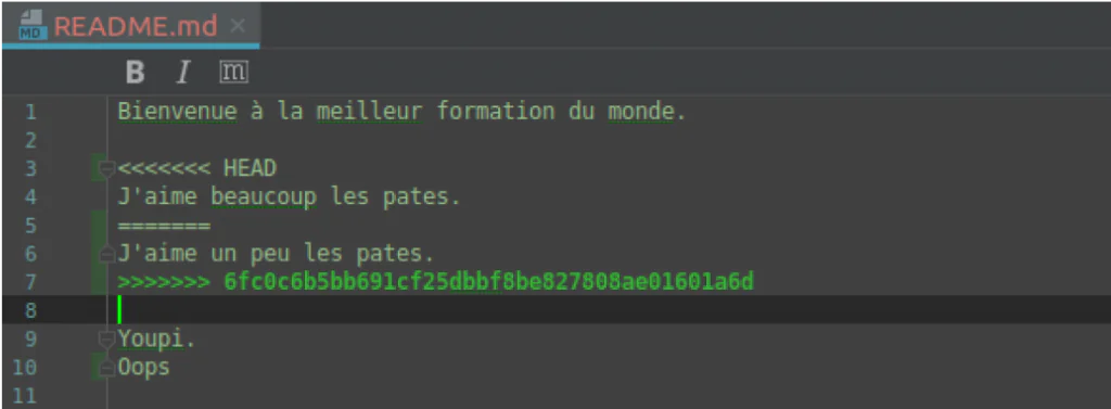 Conflit Git dans un fichier README.md, illustrant l'utilisation de Git.
