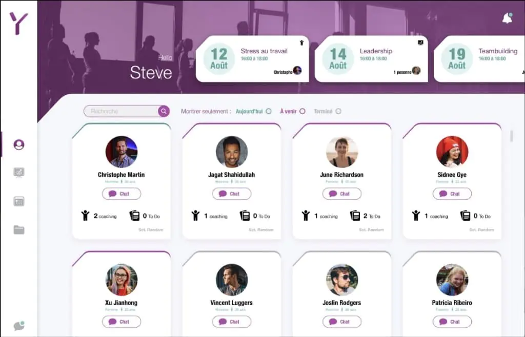 Tableau de bord OASYS: plateforme avec profils de coachs, événements et coaching en ligne. - platform