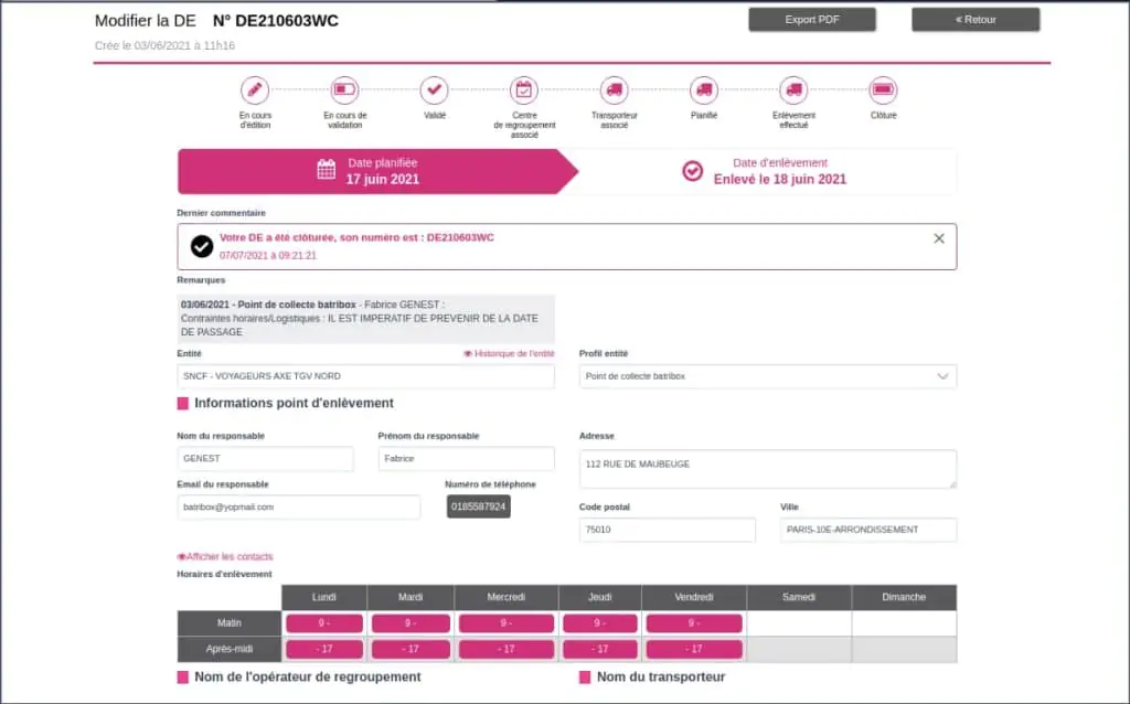 Détail d'une plateforme métier Batribox : suivi de commande DE210603WC
