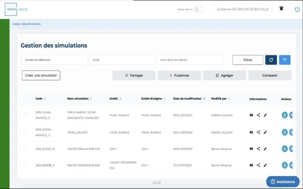 Outil métier Visial Web : gestion des simulations et des données métier.