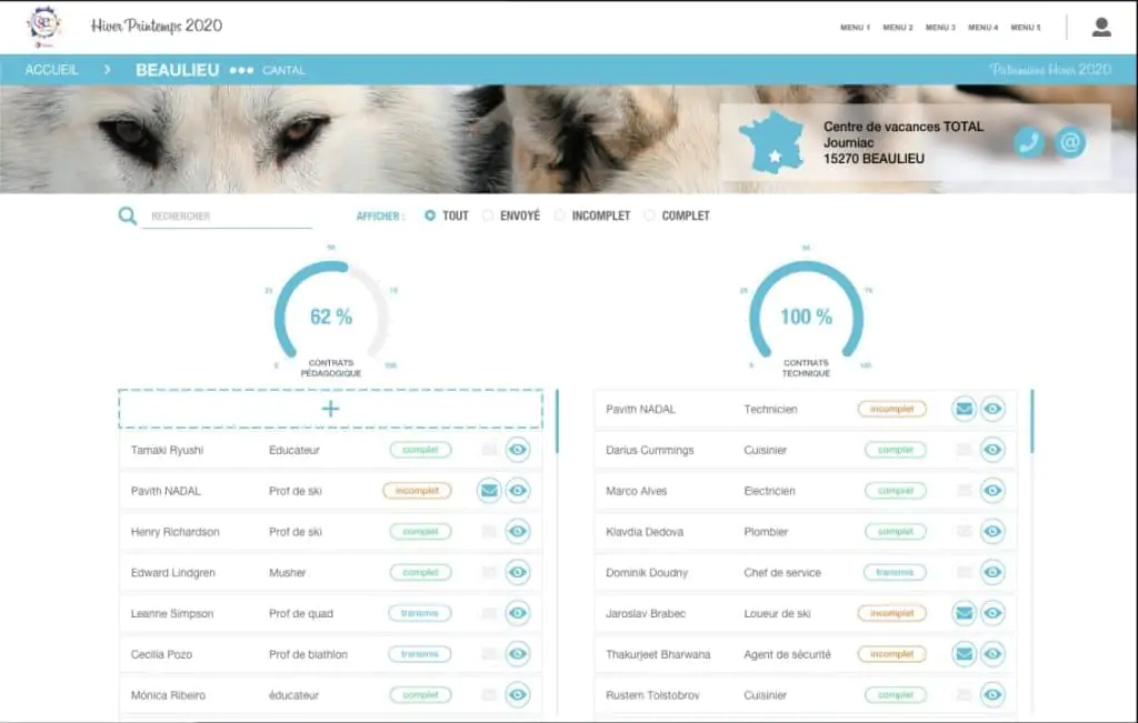 Tableau de bord de l'application métier Total CSE : contrats pédagogiques et techniques