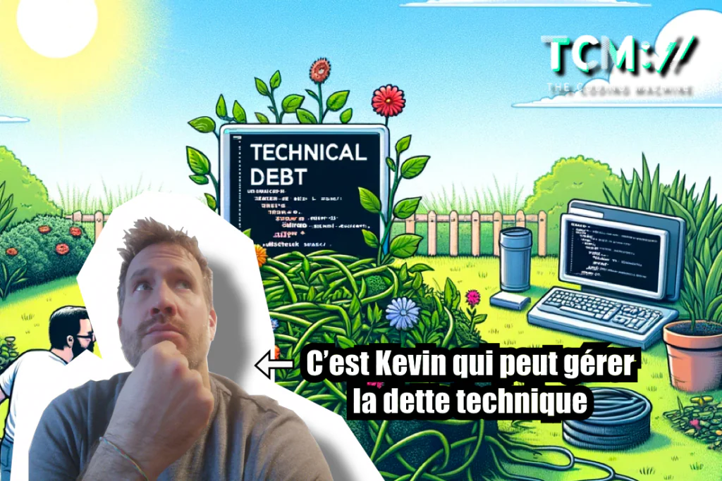 Dette technique : Illustration humoristique avec code envahi par la végétation. Kevin gère la dette technique.
