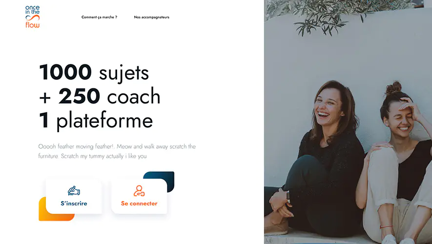 Page d'accueil de la plateforme de coaching Once in the Flow avec boutons d'inscription
