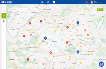 Application de signalement Streamwide : carte de Paris avec les marqueurs d'incidents signalés
