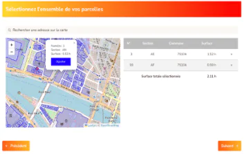 Interface du formulaire cadastral en ligne Sun&R pour sélectionner des parcelles.