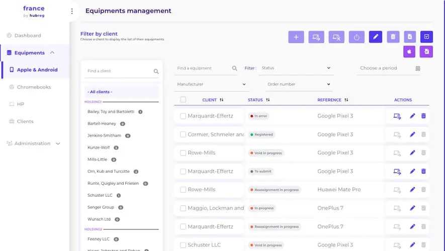 Interface du tableau de bord de gestion d'équipements de l'application Hubreg