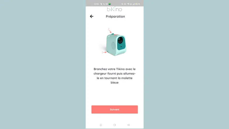 Interface de l'application mobile Tikino : écran d'instructions pour la mise en marche du projecteur