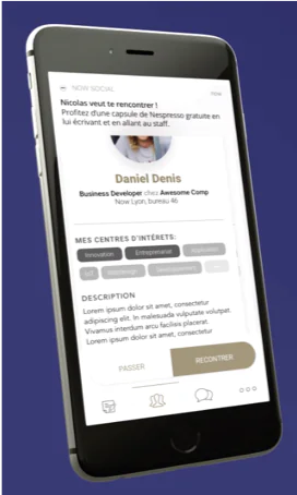 Capture d'écran de l'appli NOW SOCIAL sur un smartphone, affichant le profil d'un collaborateur.