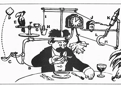 Machine Rube Goldberg complexe pour manger, illustrant l'over-architecture.
