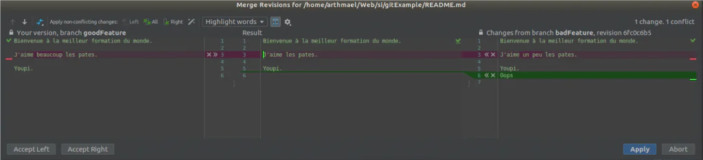 Interface Git montrant une fusion de code avec des conflits. Apprendre Git.